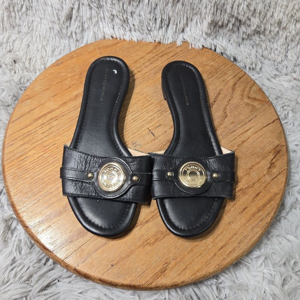 Retro Y2K Tommy Hilfiger Sandals Womens Slides "Twicela" Black Leather Size 8M